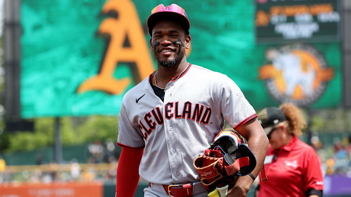 May 2, 2026: Cleveland Guardians left fielder Angel Martinez (1) walk towards the dugout before the start of a baseball game against the Athletics at Sutter Health Park. 