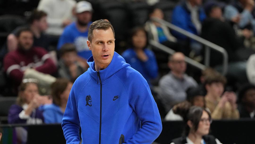 Mar 18, 2026; Greenville, SC, USA; Duke Blue Devils head coach Jon Scheyer during a practice session ahead of the first round of the men's 2026 NCAA Tournament at Bon Secours Wellness Arena. Mandatory Credit: Bob Donnan-Imagn Images
