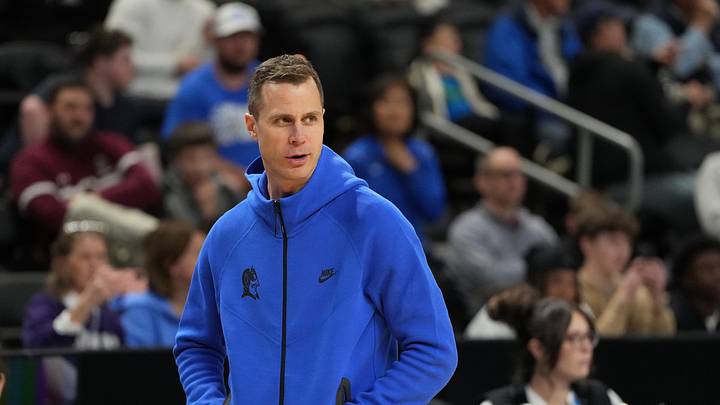 Mar 18, 2026; Greenville, SC, USA; Duke Blue Devils head coach Jon Scheyer during a practice session ahead of the first round of the men's 2026 NCAA Tournament at Bon Secours Wellness Arena. Mandatory Credit: Bob Donnan-Imagn Images