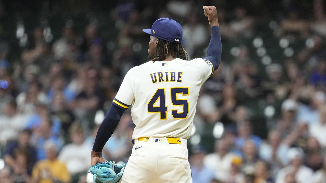 May 26, 2026; Milwaukee, Wisconsin, USA; Milwaukee Brewers pitcher Abner Uribe (45) celebrates the final out of in the eighth inning against the St. Louis Cardinals at American Family Field. Mandatory Credit: Michael McLoone-Imagn Images May 26, 2026; Milwaukee, Wisconsin, USA; Milwaukee Brewers pitcher Abner Uribe (45) celebrates the final out of in the eighth inning against the St. Louis Cardinals at American Family Field. Mandatory Credit: Michael McLoone-Imagn Images