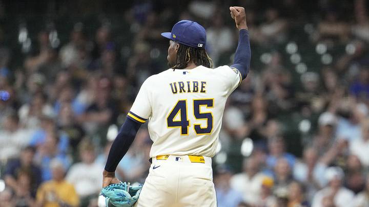 May 26, 2026; Milwaukee, Wisconsin, USA; Milwaukee Brewers pitcher Abner Uribe (45) celebrates the final out of in the eighth inning against the St. Louis Cardinals at American Family Field. Mandatory Credit: Michael McLoone-Imagn Images