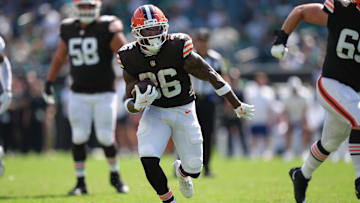 Aug 16, 2025; Philadelphia, Pennsylvania, USA; Cleveland Browns running back Trayveon Williams (36) carries the ball against the Philadelphia Eagles in the second half at Lincoln Financial Field. 