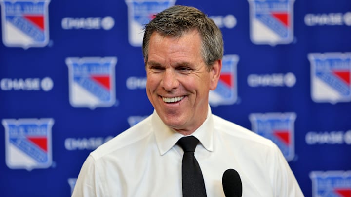 Apr 5, 2026; New York, New York, USA; New York Rangers head coach Mike Sullivan speaks to reporters after an 8-1 win against the Washington Capitals at Madison Square Garden. 