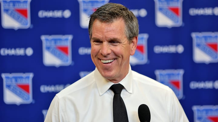 Apr 5, 2026; New York, New York, USA; New York Rangers head coach Mike Sullivan speaks to reporters after an 8-1 win against the Washington Capitals at Madison Square Garden. 