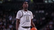 Feb 15, 2025; Atlanta, Georgia, USA; Georgia Tech Yellow Jackets forward Baye Ndongo (11) shoots a free throw against the California Golden Bears in the second half at McCamish Pavilion. Mandatory Credit: Brett Davis-Imagn Images