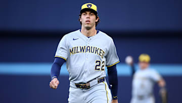 Milwaukee Brewers star Christian Yelich stands in the field in between innings against the Toronto Blue Jays.