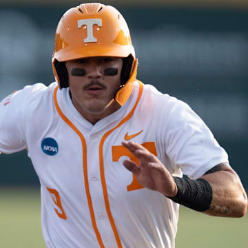 Tennessee's Hunter Ensley (9) runs to third base during the NCAA college baseball Knoxville Regional final against Wake Forest on June 2, 2025, in Knoxville, Tenn.