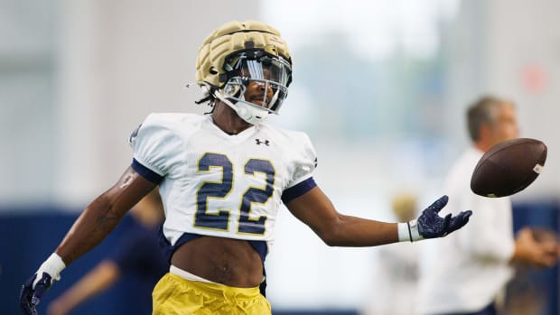 Notre Dame running back Devyn Ford at football practice in August of 2024