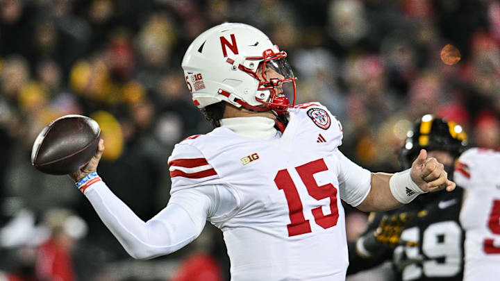 Nov 29, 2024; Iowa City, Iowa, USA; Nebraska Cornhuskers quarterback Dylan Raiola (15) throws a pass against the Iowa Hawkeyes during the first quarter at Kinnick Stadium. Mandatory Credit: Jeffrey Becker-Imagn Images Nov 29, 2024; Iowa City, Iowa, USA; Nebraska Cornhuskers quarterback Dylan Raiola (15) throws a pass against the Iowa Hawkeyes during the first quarter at Kinnick Stadium. Mandatory Credit: Jeffrey Becker-Imagn Images