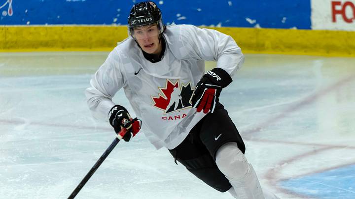 Aug 2, 2024; Plymouth, MI, USA; Canada forward Cole Beaudoin (29) turns up ice against Finland during the second period of the 2024 World Junior Summer Showcase at USA Hockey Arena. Mandatory Credit: David Reginek-USA TODAY Sports Aug 2, 2024; Plymouth, MI, USA; Canada forward Cole Beaudoin (29) turns up ice against Finland during the second period of the 2024 World Junior Summer Showcase at USA Hockey Arena. Mandatory Credit: David Reginek-USA TODAY Sports