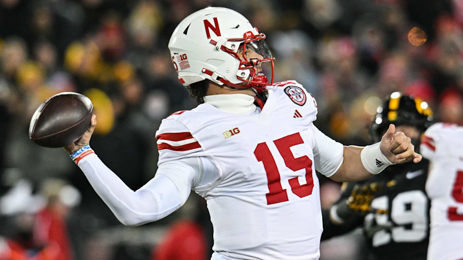 Nebraska Cornhuskers quarterback Dylan Raiola (15) throws a pass during a game.
