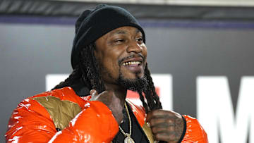 Oct 22, 2022; Berkeley, California, USA; California Golden Bears former running back Marshawn Lynch stands on the sideline during the second quarter against the Washington Huskies at FTX Field at California Memorial Stadium. Mandatory Credit: Darren Yamashita-Imagn Images