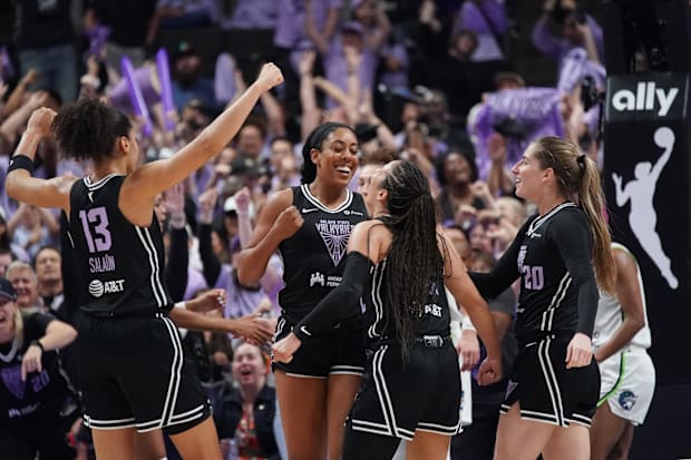 Golden State Valkyries forward Monique Billings (25) celebrates a basket in the fourth quarter with guard Veronica Burton (22