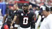 Sep 29, 2024; Houston, Texas, USA; Houston Texans linebacker Azeez Al-Shaair (0) during the game against the Jacksonville Jaguars at NRG Stadium. Mandatory Credit: Troy Taormina-Imagn Images