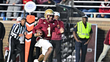 Oct 25, 2024; Chestnut Hill, Massachusetts, USA; Boston College Eagles quarterback Thomas Castellanos (1) runs the ball against the Louisville Cardinals during the first half at Alumni Stadium. Mandatory Credit: Eric Canha-Imagn Images