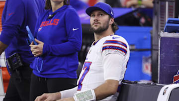 Nov 20, 2025; Houston, Texas, USA; Buffalo Bills quarterback Josh Allen (17) sits on the bench before the game against the Houston Texans at NRG Stadium