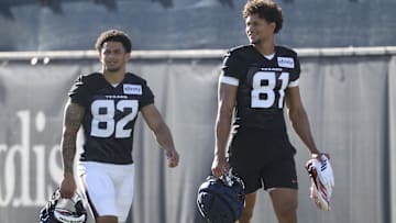 Houston Texans wide receiver Jaylin Noel (82) and wide receiver Jayden Higgins (81) during training camp at Houston Methodist Training Center.