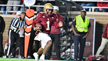 Oct 25, 2024; Chestnut Hill, Massachusetts, USA; Boston College Eagles quarterback Thomas Castellanos (1) runs the ball against the Louisville Cardinals during the first half at Alumni Stadium. Mandatory Credit: Eric Canha-Imagn Images