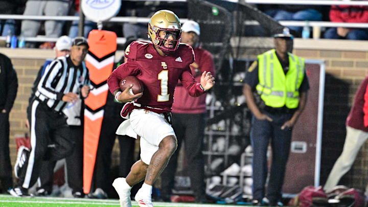 Oct 25, 2024; Chestnut Hill, Massachusetts, USA; Boston College Eagles quarterback Thomas Castellanos (1) runs the ball against the Louisville Cardinals during the first half at Alumni Stadium. Mandatory Credit: Eric Canha-Imagn Images Oct 25, 2024; Chestnut Hill, Massachusetts, USA; Boston College Eagles quarterback Thomas Castellanos (1) runs the ball against the Louisville Cardinals during the first half at Alumni Stadium. Mandatory Credit: Eric Canha-Imagn Images
