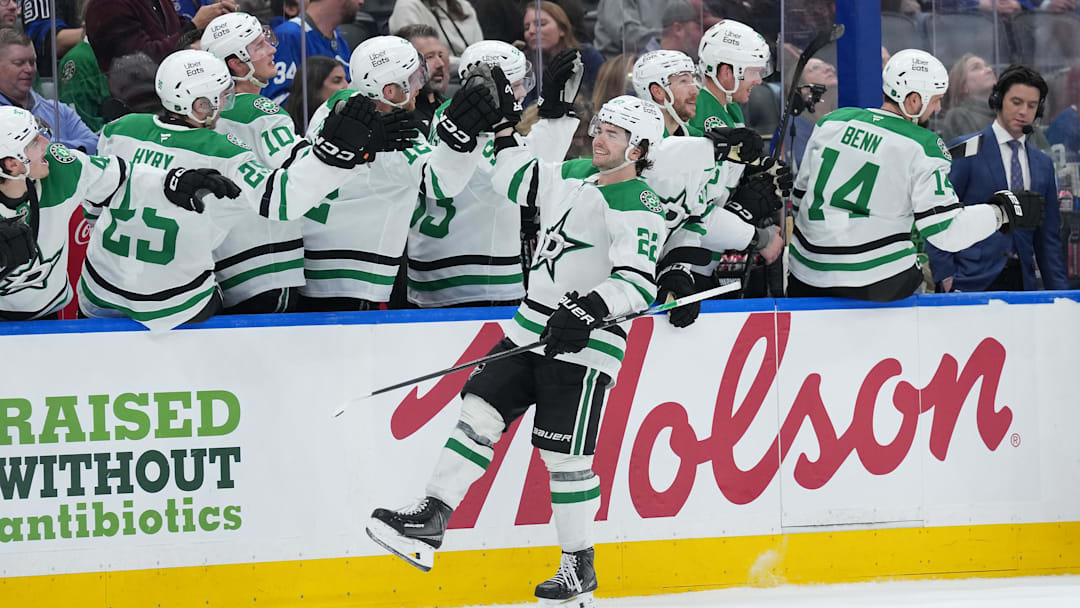Apr 13, 2026; Toronto, Ontario, CAN; Dallas Stars center Mavrik Bourque (22) celebrates at the bench after scoring a goal against the Toronto Maple Leafs during the third period at Scotiabank Arena. Mandatory Credit: Nick Turchiaro-Imagn Images
