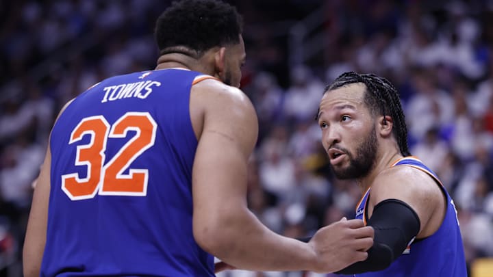 May 1, 2025; Detroit, Michigan, USA; New York Knicks guard Jalen Brunson (11) talks to center Karl-Anthony Towns (32) in the second half against the Detroit Pistons during game six of first round for the 2024 NBA Playoffs at Little Caesars Arena. Mandatory Credit: Rick Osentoski-Imagn Images