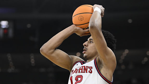 St. John's Red Storm guard RJ Luis Jr. puts up a shot during the second half against the Omaha Mavericks at Amica Mutual Pavi