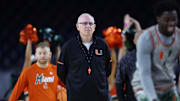 Mar 31, 2023; Houston, TX, USA; Miami (Fl) Hurricanes head coach Jim Larranaga looks on during a practice session the day before the Final Four of the 2023 NCAA Tournament at NRG Stadium. Mandatory Credit: Troy Taormina-Imagn Images