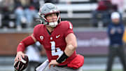 Oct 25, 2025; Pullman, Washington, USA; Washington State Cougars quarterback Zevi Eckhaus (4) drops back for a pass against the Toledo Rockets in the first half at Gesa Field at Martin Stadium. Mandatory Credit: James Snook-Imagn Images