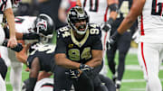 Nov 23, 2025; New Orleans, Louisiana, USA; New Orleans Saints defensive end Cameron Jordan (94) reacts after forcing a fumble against the Atlanta Falcons during the first half at Caesars Superdome. Mandatory Credit: Stephen Lew-Imagn Images