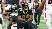 Nov 23, 2025; New Orleans, Louisiana, USA; New Orleans Saints defensive end Cameron Jordan (94) reacts after forcing a fumble against the Atlanta Falcons during the first half at Caesars Superdome. Mandatory Credit: Stephen Lew-Imagn Images