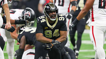Nov 23, 2025; New Orleans, Louisiana, USA; New Orleans Saints defensive end Cameron Jordan (94) reacts after forcing a fumble against the Atlanta Falcons during the first half at Caesars Superdome. Mandatory Credit: Stephen Lew-Imagn Images