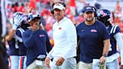 Sep 20, 2025; Oxford, Mississippi, USA; Mississippi Rebels head coach Lane Kiffin looks on during the fourth quarter against the Tulane Green Wave at Vaught-Hemingway Stadium. Mandatory Credit: Petre Thomas-Imagn Images