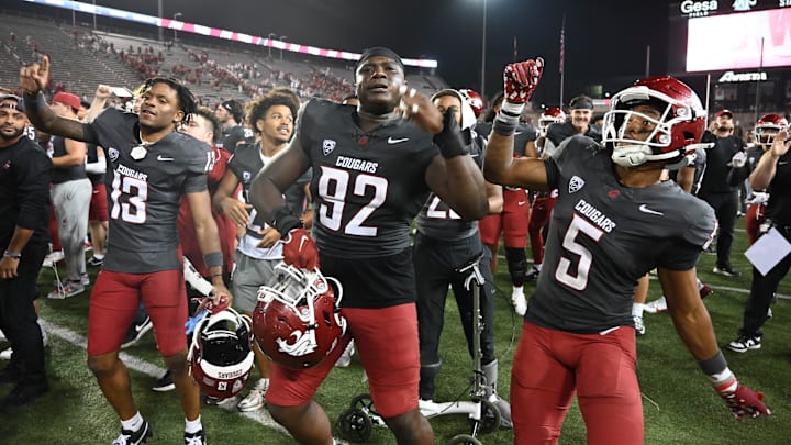 Sep 7, 2024; Pullman, Washington, USA; Washington State Cougars celebrate after a game against the Texas Tech Red Raiders at Gesa Field at Martin Stadium. Washington State Cougars won 37-16. Mandatory Credit: James Snook-Imagn Images