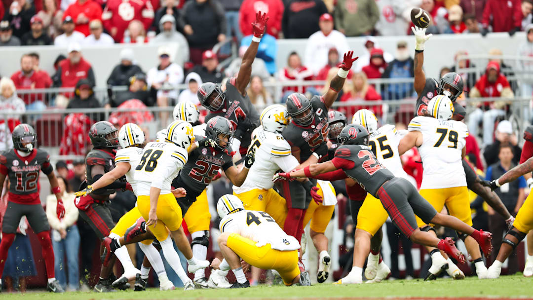 Nov 22, 2025; Norman, Oklahoma, USA; Oklahoma Sooners blocks the field goal attampt by Missouri Tigers kicker Robert Meyer (88) during the second quarter at Gaylord Family-Oklahoma Memorial Stadium. Mandatory Credit: Kevin Jairaj-Imagn Images Nov 22, 2025; Norman, Oklahoma, USA; Oklahoma Sooners blocks the field goal attampt by Missouri Tigers kicker Robert Meyer (88) during the second quarter at Gaylord Family-Oklahoma Memorial Stadium. Mandatory Credit: Kevin Jairaj-Imagn Images