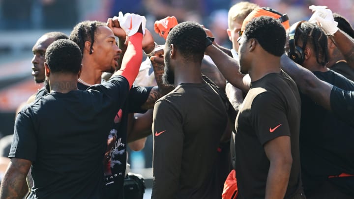 Oct 1, 2023; Cleveland, Ohio, USA; Cleveland Browns quarterback Dorian Thompson-Robinson (17) huddles with teammates before the game between the Browns and the Baltimore Ravens at Cleveland Browns Stadium. Mandatory Credit: Ken Blaze-USA TODAY Sports