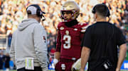 Nov 1, 2025; Chestnut Hill, Massachusetts, USA; Boston College Eagles head coach Bill O’Brien (left) talks to quarterback Grayson James (3) in the second quarter against the Notre Dame Fighting Irish at Alumni Stadium. Mandatory Credit: Edward Finan-Imagn Images