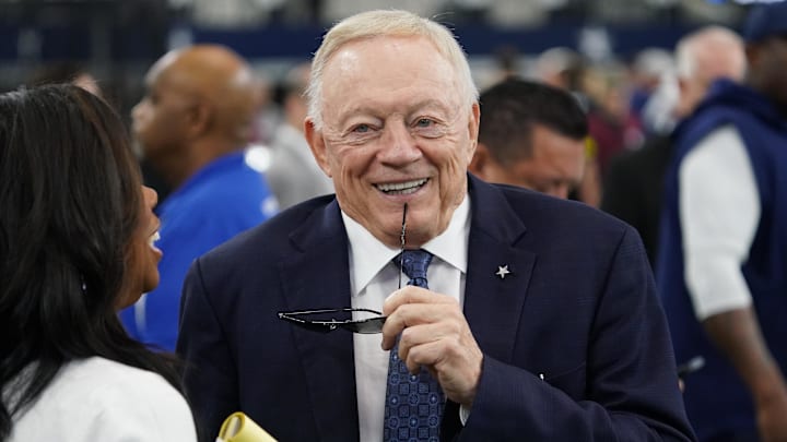 Sep 14, 2025; Arlington, Texas, USA; Dallas Cowboys owner Jerry Jones on the sidelines before the game against the New York Giants at AT&T Stadium. Mandatory Credit: Raymond Carlin III-Imagn Images