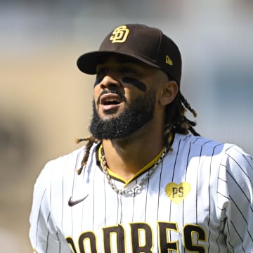 Sep 2, 2024; San Diego, California, USA; San Diego Padres right fielder Fernando Tatis Jr. (23) runs on the field before a game against the Detroit Tigers at Petco Park. Mandatory Credit: Denis Poroy-USA TODAY Sports