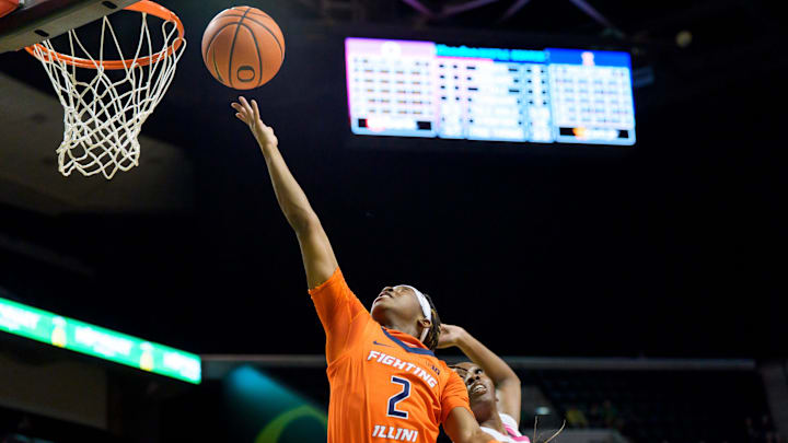 Illinois guard Destiny Jackson scores as the Oregon Ducks host the Illinois Fighting Illini on Feb. 4, 2026, at Matthew Knight Arena in Eugene, Oregon.