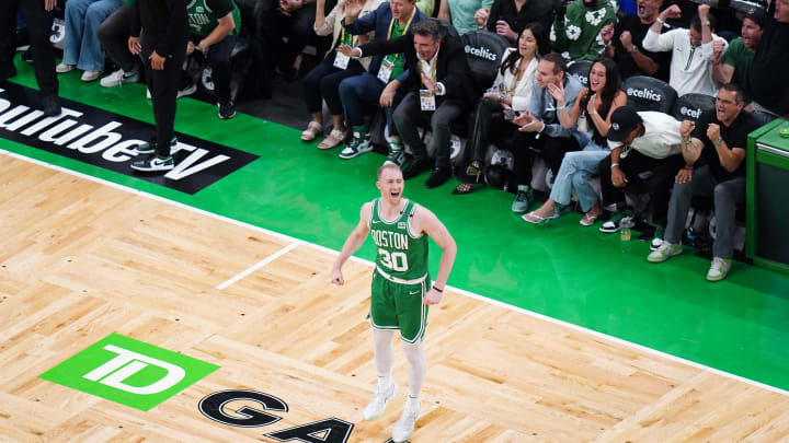 Jun 17, 2024; Boston, Massachusetts, USA; Boston Celtics forward Sam Hauser (30) reacts after a three point shot in the first quarter during game five of the 2024 NBA Finals at TD Garden. Mandatory Credit: David Butler II-USA TODAY Sports