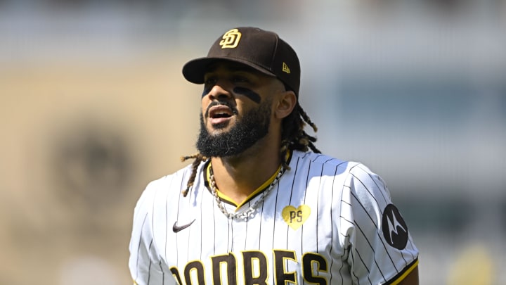 Sep 2, 2024; San Diego, California, USA; San Diego Padres right fielder Fernando Tatis Jr. (23) runs on the field before a game against the Detroit Tigers at Petco Park. Mandatory Credit: Denis Poroy-USA TODAY Sports