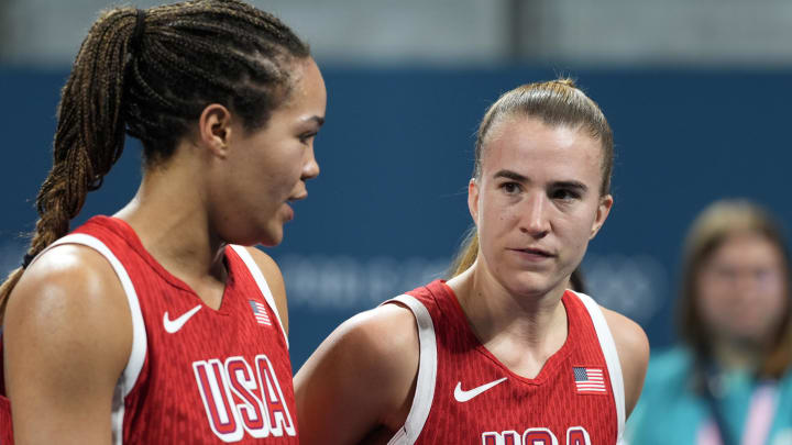 Aug 4, 2024; Villeneuve-d'Ascq, France; United States guard Sabrina Ionescu (6) and small forward Napheesa Collier (11) look on after defeating Germany in a women’s group C game during the Paris 2024 Olympic Summer Games at Stade Pierre-Mauroy. Mandatory Credit: John David Mercer-USA TODAY Sports