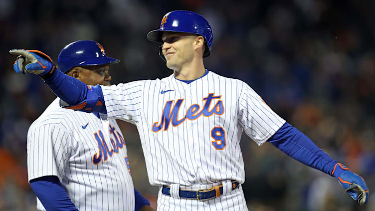 Oct 8, 2022; New York City, New York, USA; New York Mets center fielder Brandon Nimmo (9) reacts