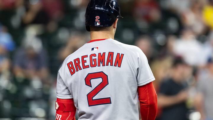 Sep 7, 2025; Phoenix, Arizona, USA; Detailed view of the jersey of Boston Red Sox third baseman Alex Bregman (2) against the Arizona Diamondbacks at Chase Field. Mandatory Credit: Mark J. Rebilas-Imagn Images