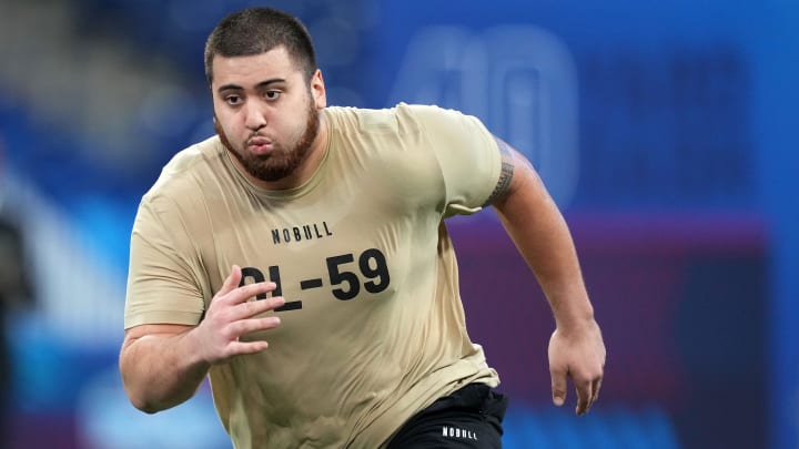 Mar 3, 2024; Indianapolis, IN, USA; Kansas offensive lineman Dominick Puni (OL59) during the 2024 NFL Combine at Lucas Oil Stadium. Mandatory Credit: Kirby Lee-USA TODAY Sports