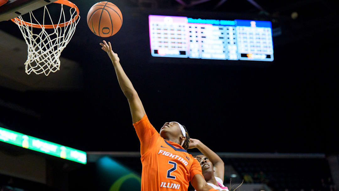 Illinois guard Destiny Jackson scores as the Oregon Ducks host the Illinois Fighting Illini on Feb. 4, 2026, at Matthew Knight Arena in Eugene, Oregon.