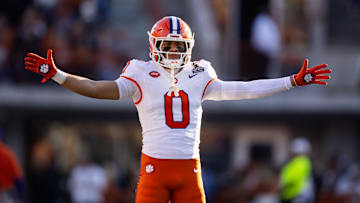 Dec 21, 2024; Austin, Texas, USA; Clemson Tigers wide receiver Antonio Williams (0) against the Texas Longhorns during the CFP National playoff first round at Darrell K Royal-Texas Memorial Stadium. Mandatory Credit: Mark J. Rebilas-Imagn Images