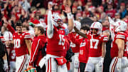 Nebraska Cornhuskers quarterback Dylan Raiola (15) hypes up the crowd in 2024 against the Wisconsin Badgers at Memorial Stadium.