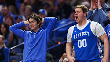 Feb 11, 2025; Lexington, Kentucky, USA; Kentucky Wildcats fans voice their disagreement with a call made by a referee during the first half against the Tennessee Volunteers at Rupp Arena at Central Bank Center. Mandatory Credit: Jordan Prather-Imagn Images