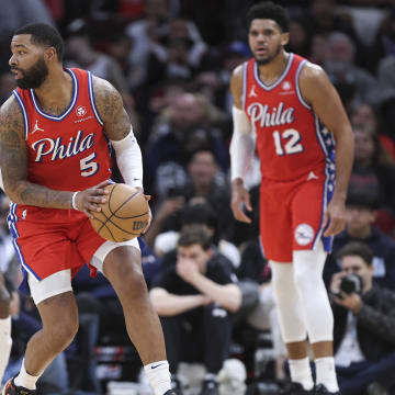 Dec 29, 2023; Houston, Texas, USA; Philadelphia 76ers forward Marcus Morris Sr. (5) controls the ball during the second quarter against the Houston Rockets at Toyota Center. Mandatory Credit: Troy Taormina-USA TODAY Sports